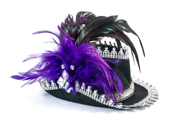 花哨的嘉年华帽装饰羽毛和装饰孤立在白色的背景图片下载