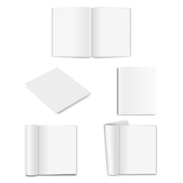 矢量现实的空白纸关闭和打开A5杂志，书籍，目录或宣传册卷白纸页，翻转sheet图标设置特写在白色的背景。设计模板，模型的图形。正面，顶部和等距视图图片下载