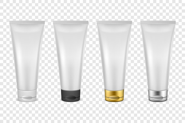 矢量现实白色空白塑料封闭的化妆管图标设置近距离隔离在透明网格背景。白色，黑色，金色和银色的帽子。设计模板的图形，包装，模型。前视图。可以用于化妆品、乳膏、牙贴吗图片下载