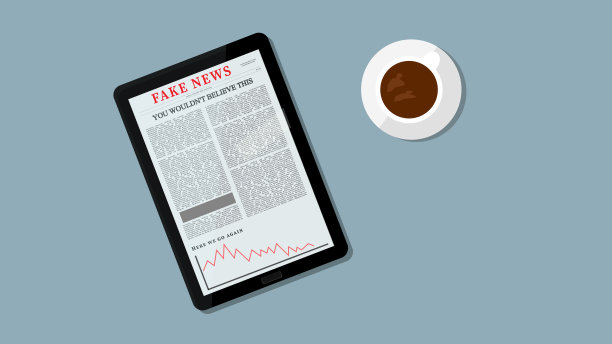 互联网假新闻插图。平板电脑上的假标题。人们阅读假新闻概念。咖啡和桌子在背景。图片下载