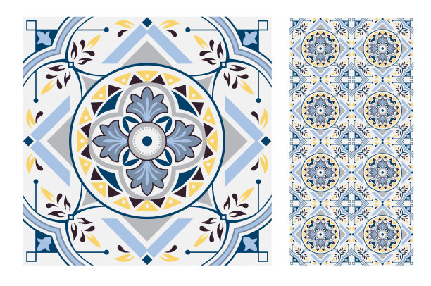 复古瓷砖葡萄牙模式古董无缝设计矢量插图图片下载
