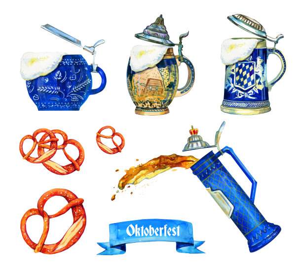 手画水彩画为啤酒节与不同的巴伐利亚啤酒陶瓷杯，brezels和旗帜图片下载