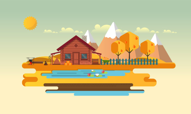 平面矢量景观插图在秋天，与木房子。素材图片