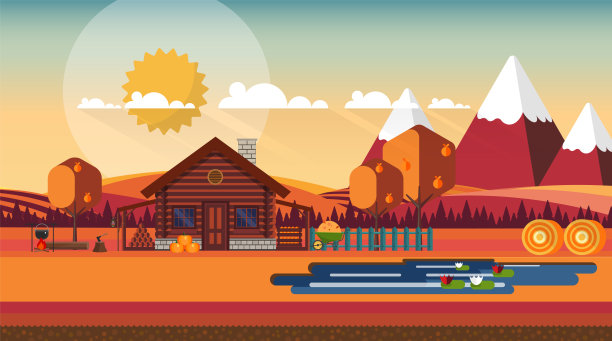 平面插图的农村农场景观在秋天。矢量设计。图片下载