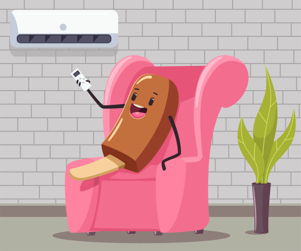 房间内部的沙发上放着有趣的冰淇淋，遥控器控制着空调。矢量卡通概念插图。图片下载
