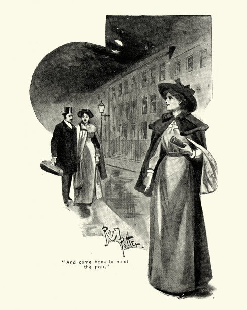 十九世纪，维多利亚时代的年轻女子，晚上走路回家图片下载