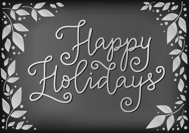 现代书法节日快乐在白色的黑板背景装饰与树叶和点图片下载