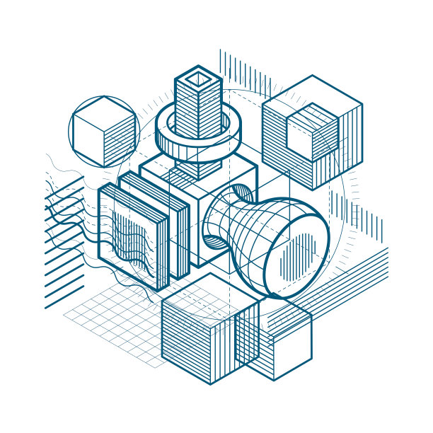 等距抽象的线和不同的元素，矢量抽象的背景。由立方体、六边形、正方形、长方形和不同的抽象元素组成。素材图片
