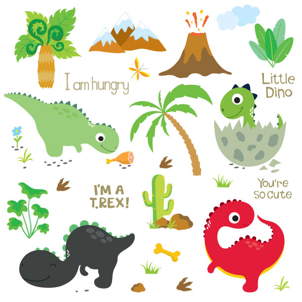 恐龙足迹，火山，棕榈树，石头，骨头和仙人掌图片下载