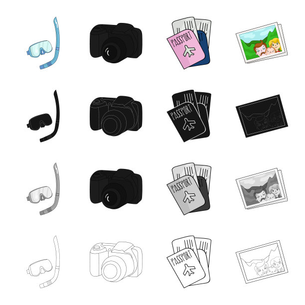 面罩和通气管，相机，证件护照，照片。家庭假日集合图标在卡通黑色单色轮廓风格向量符号股票插图网。图片下载
