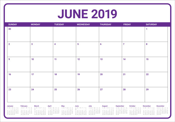 2019年6月台历矢量插图图片下载