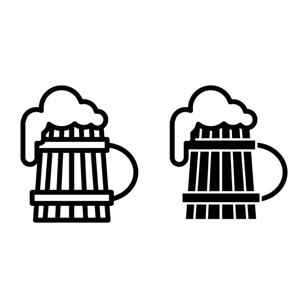 木制啤酒杯与泡沫线和字形图标。旧啤酒杯矢量插图孤立在白色。品脱啤酒杯与泡沫轮廓风格设计，设计为web和应用程序。Eps 10。图片下载