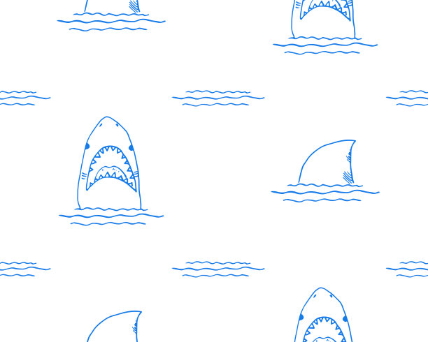 鲨鱼无缝模式，手绘手绘涂鸦鲨鱼，矢量插图图片下载