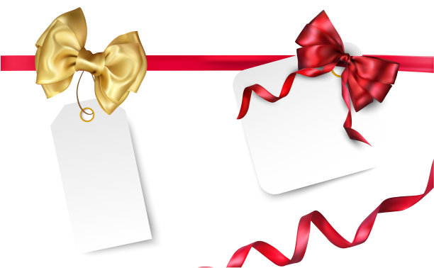 白色标签模板与彩色缎子蝴蝶结。图片下载