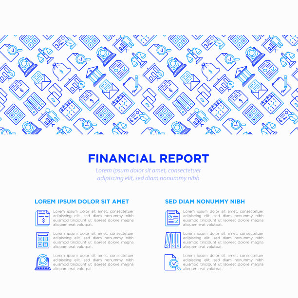 财务报告概念与细线图标:银行，财务分析，计算，签名，电子邮件，演示，银行支票，审计，日历，收入。矢量插图，打印媒体模板。图片下载