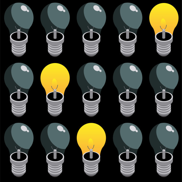 无缝模式的灯泡在一个黑色的背景。一个燃烧的灯泡。等距三维图片下载