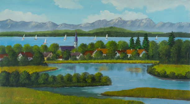 以村庄和山脉为背景的湖区图片下载