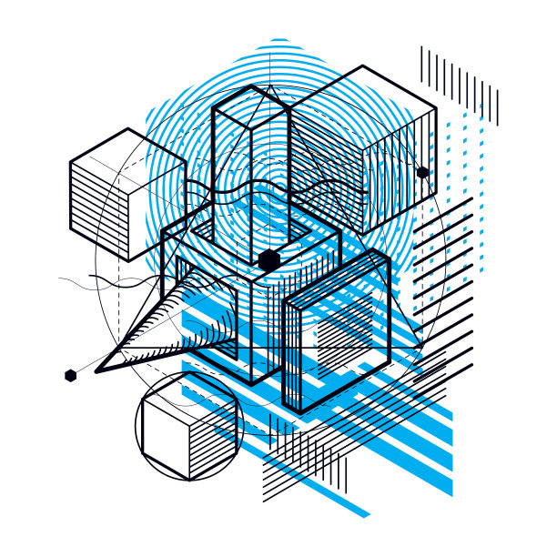 等距线性抽象矢量背景，线条抽象。立方体，六边形，正方形，矩形和不同的抽象元素。素材图片