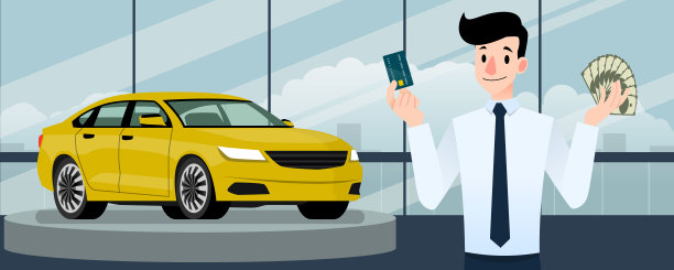 快乐的商人，卖家站在那里，拿着信用卡和钱停在豪华汽车前，在城市的大型展示厅。图片下载