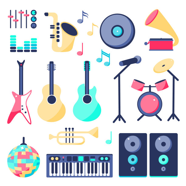 矢量插图。一套音乐乐器在扁平风格:扬声器，摇滚吉他，吉他，迪斯科球，麦克风，钢琴，性爱管，音盘，鼓，小号，录音机图片下载