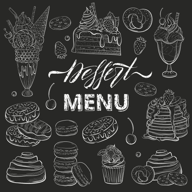 甜美美丽的甜点套装。餐馆或café菜单的剪贴画。线的艺术。一块有新鲜浆果的蛋糕。素描风格的糖果收集蛋糕，甜甜圈，面包房图片下载