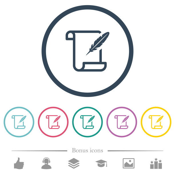 纸滚动与羽毛平面颜色图标在圆形轮廓图片下载