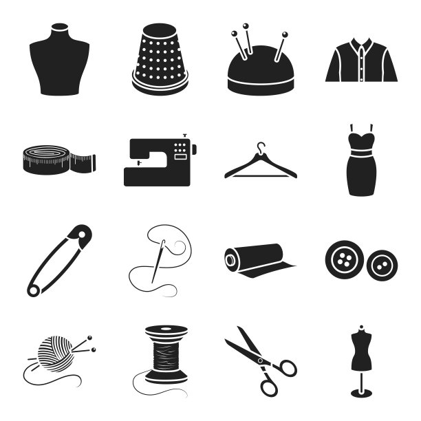工作室和缝纫黑色图标的集合设计。用于缝纫矢量符号股票网络插图的设备和工具。图片下载