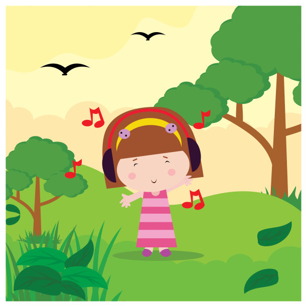 可爱的小女孩在绿油油的草地上通过耳机听音乐，看起来很开心，卡通人物图片下载