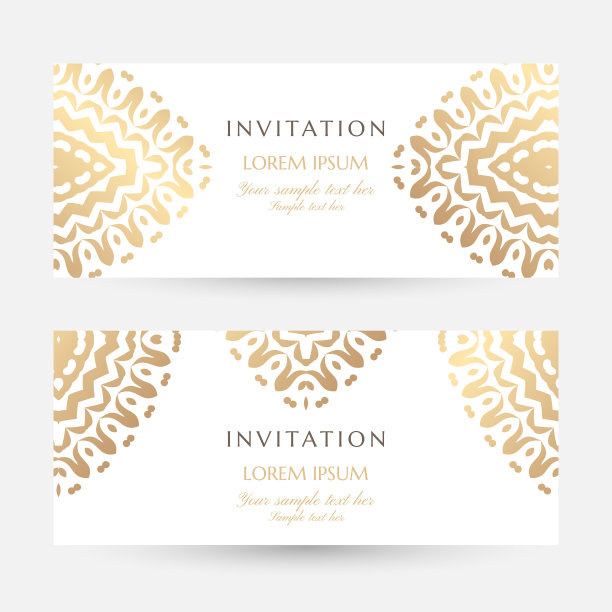 邀请模板。封面设计与金饰和白色背景。带有复制空间的矢量装饰水平薄片。图片下载