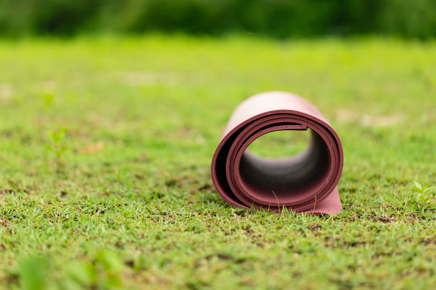 靠近瑜伽垫滚动在绿色草地上准备练习和放松瑜伽，休闲概念图片下载