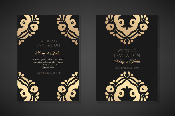 婚礼邀请函模板。封面设计与装饰和黑色背景。矢量装饰垂直海报与复制空间。图片下载