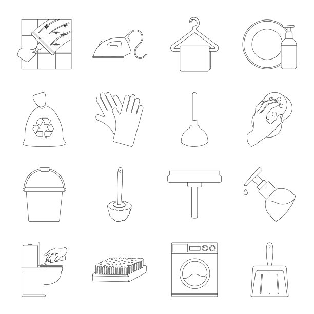 清洁和女佣轮廓图标在集合设计。设备清洁矢量符号股票网络插图。图片下载