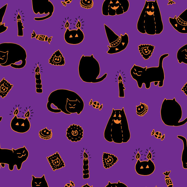 万圣节矢量无缝图案。手绘的墨水涂鸦肥猫，南瓜，帽子，饼干，蜡烛和糖果。橙黑配紫罗兰图片下载