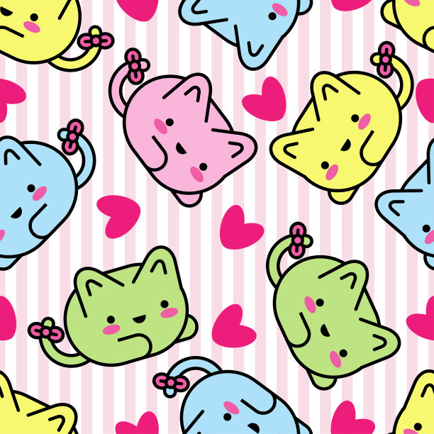 向量无缝模式。卡哇伊的背景。可爱的卡通猫。纺织融洽。图片下载