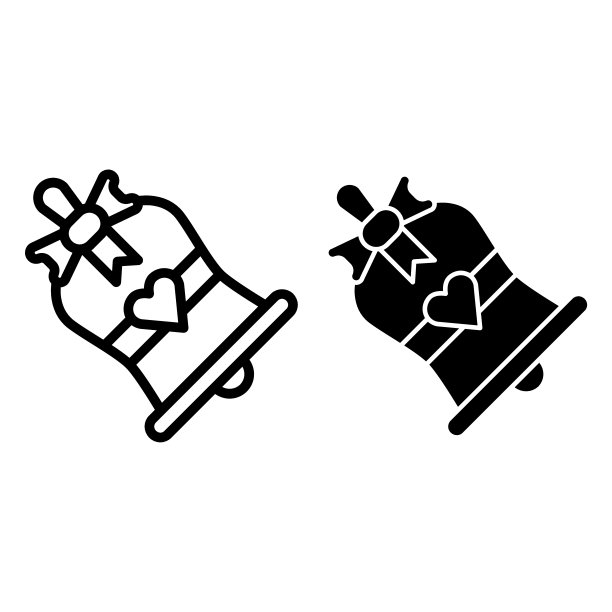 教堂的钟线和象形符号。婚礼钟声矢量插图孤立在白色。带有丝带和心形轮廓的铃铛风格设计，适用于网页和应用。Eps 10。图片下载