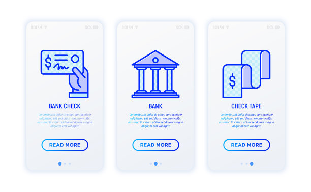 财务报告细线图标:银行支票、银行支票、支票带。矢量插图用户移动应用程序。图片下载