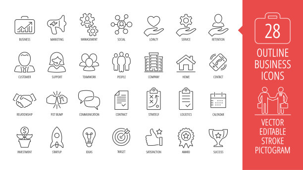 矢量商务孤立可编辑的笔画细线图标集有营销、客户、关系、拳头碰、沟通、合同、战略、物流、日历等更多的轮廓符号。图片下载