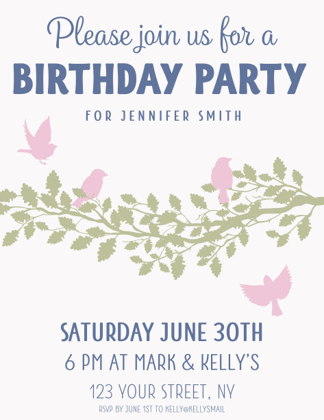 可爱的麻雀与树枝生日派对邀请模板图片下载