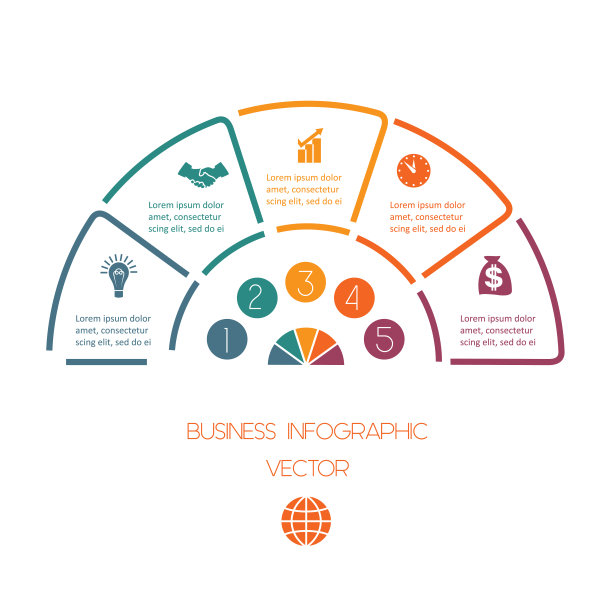 信息图半圆模板从彩色线与文本区域在五个位置。业务信息。图片下载
