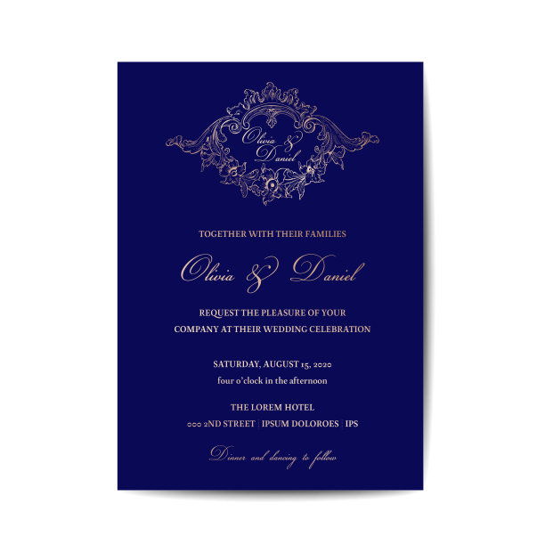 婚礼交织字母复古邀请卡，保存日期模板，金箔设计在矢量图片下载