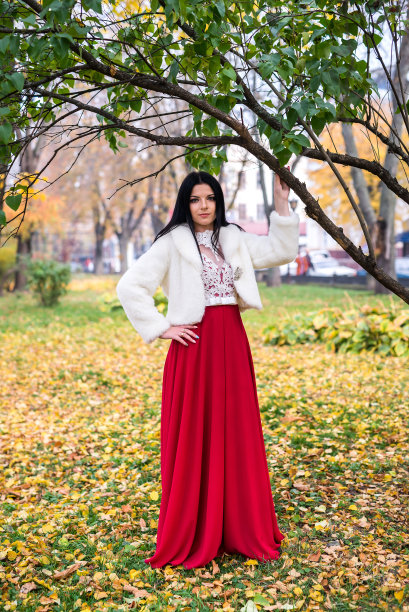 美丽的黑发女人在优雅的裙子摆姿势的全长图片下载