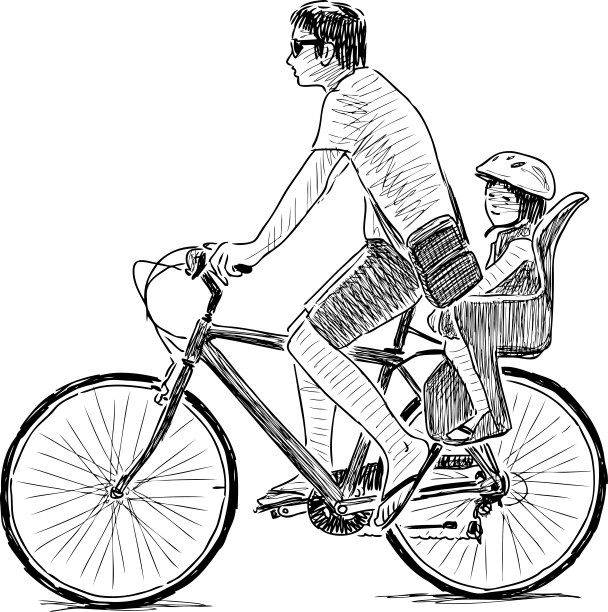 一位年轻的父亲和他的孩子骑着自行车图片下载