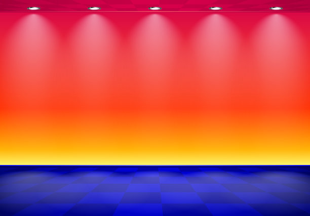 80年代风格的蒸汽波房，蓝色和红色的墙，格子地板图片下载