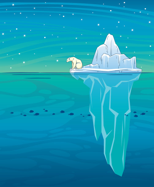 北极熊。冰山、海洋和夜空。图片下载