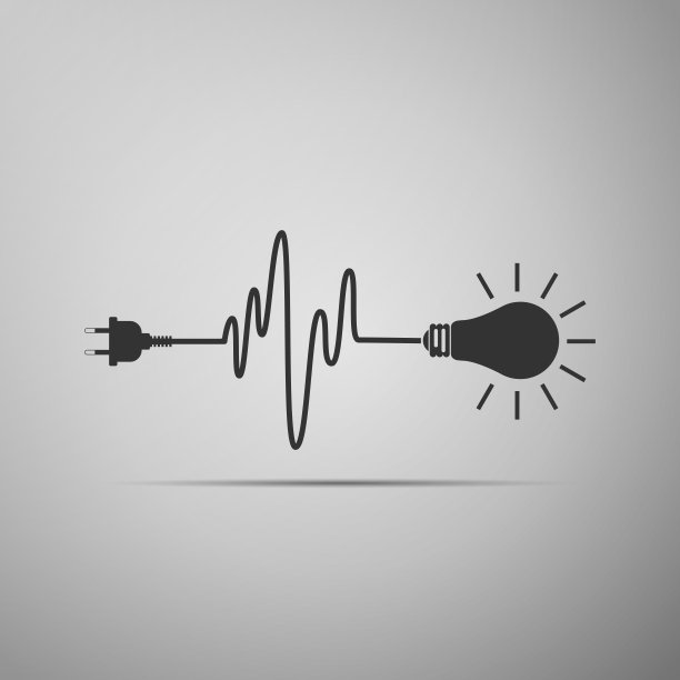 电线插头和灯泡图标孤立在灰色背景。插头，灯和电线的心跳的形式。电气和照明的概念。平面设计。矢量图图片下载