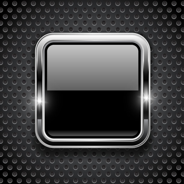黑色按钮上的金属穿孔背景。方形玻璃图标与铬框图片下载