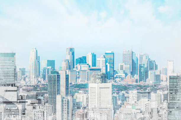 全景日本现代城市景观混合素描和水彩插画效果图片下载