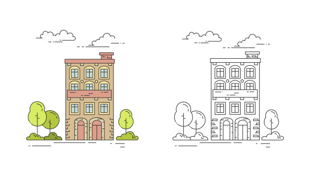 城市线房子矢量插图设置与古老的多层公寓与树和云。图片下载