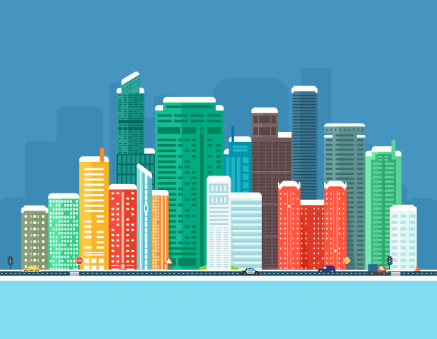 城市的冬季背景有城市、冰冻的河流和道路图片下载