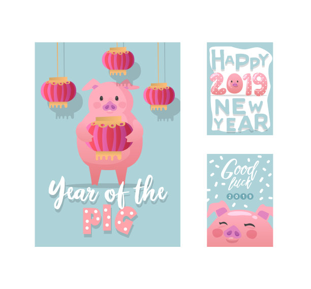 新年快乐海报。可爱的猪象征2019年。采购产品贺卡横幅，邀请，海报模板。矢量图图片下载